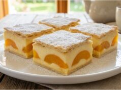 Puddingowy przysmak z ciasta francuskiego, biszkoptami i morelami Ciasto budyniowe z ciasta francuskiego z morelami i biszkoptami – chrupiący wierzch, kremowe wnętrze