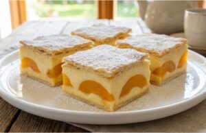 Puddingowy przysmak z ciasta francuskiego, biszkoptami i morelami Ciasto budyniowe z ciasta francuskiego z morelami i biszkoptami – chrupiący wierzch, kremowe wnętrze
