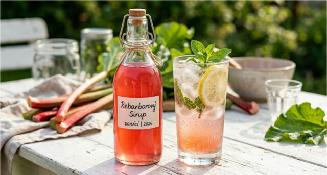 syrop-rabarbarowy-butelka Domowy syrop rabarbarowy w butelce na tle świeżego rabarbaru