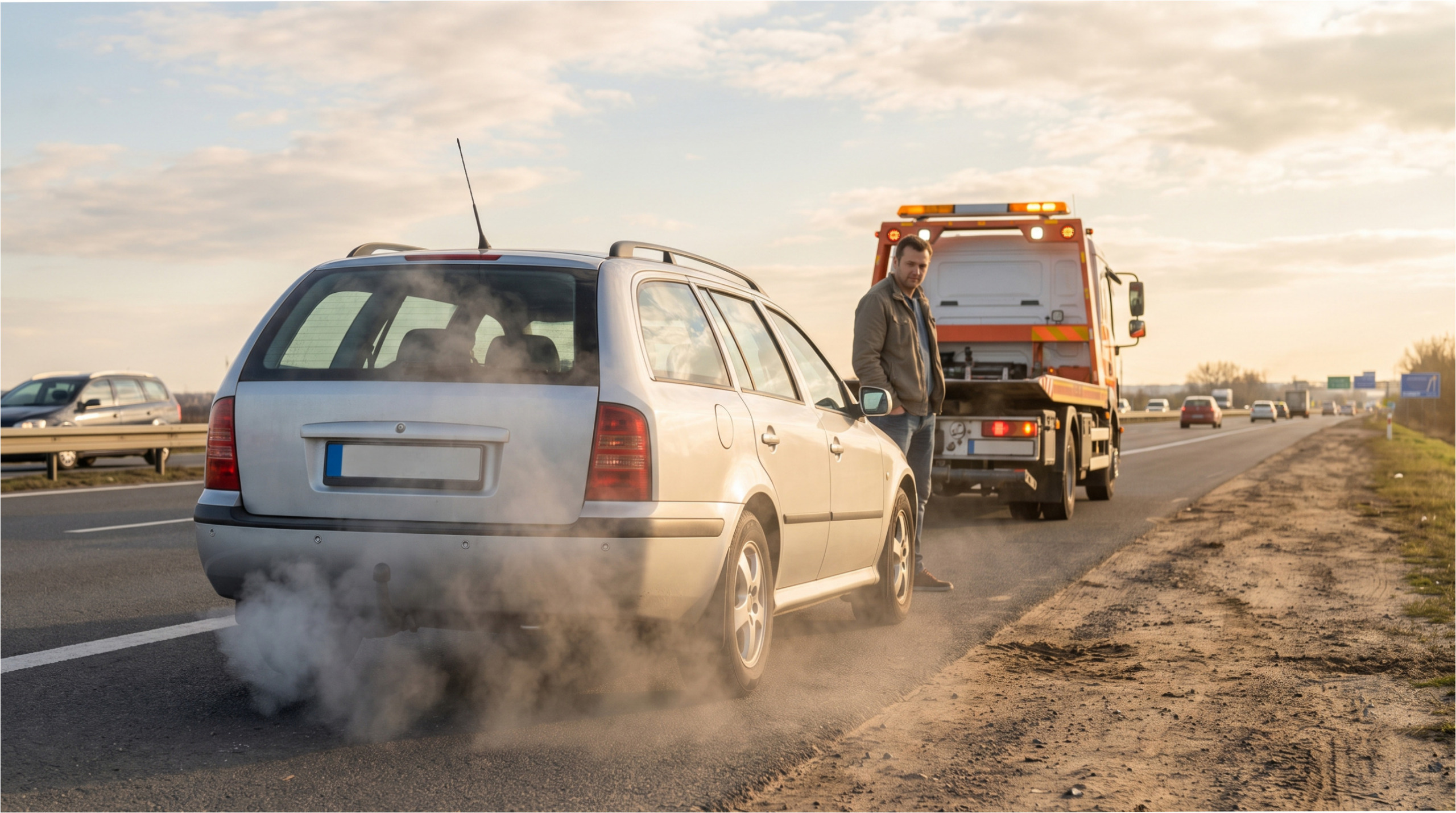 Auto na autostradzie z awarią.