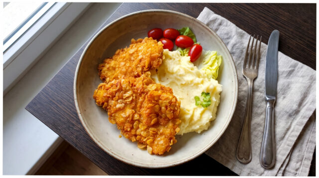 kurczak-platki-kukurydziane-puree Kurczak w panierce z płatków kukurydzianych na talerzu z puree ziemniaczanym