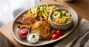 Marynowane kotlety wieprzowe w pikantnym cieście: Soczyste mięso z wyrazistym smakiem czosnku i chilli Marynowane kotlety wieprzowe w pikantnym cieście na talerzu