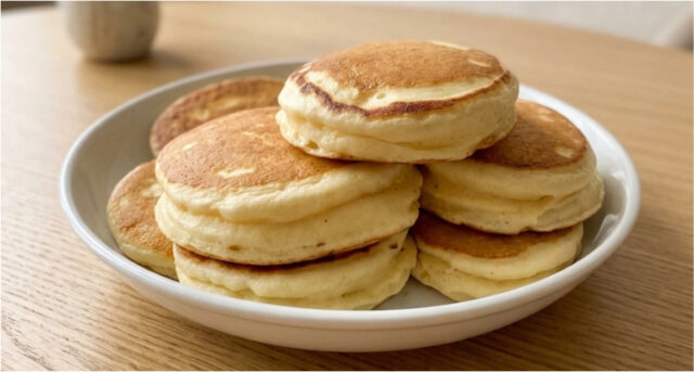 puszyste-japonskie-pancakes Puszyste japońskie pancakes na talerzu z syropem klonowym i owocami