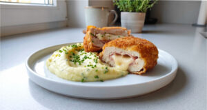 Kurczak Cordon bleu: Soczyste mięso z szynką, ementalerem i chrupiącą panierką Kurczak Cordon bleu z chrupiącą panierką i roztopionym serem