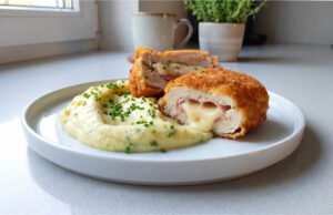 Kurczak Cordon bleu: Soczyste mięso z szynką, ementalerem i chrupiącą panierką Kurczak Cordon bleu z chrupiącą panierką i roztopionym serem