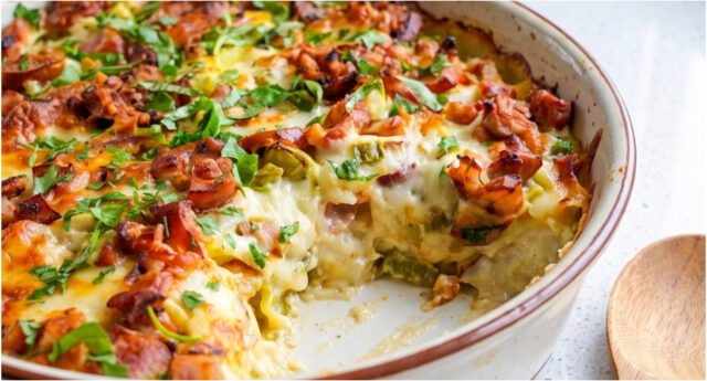 zapiekane-ziemniaki-z-kielbasa-syta-kolacja-lub-obiad-z-mozzarella Zapiekane ziemniaki z kiełbasą, mozzarellą i sosem jajecznym w formie do pieczenia