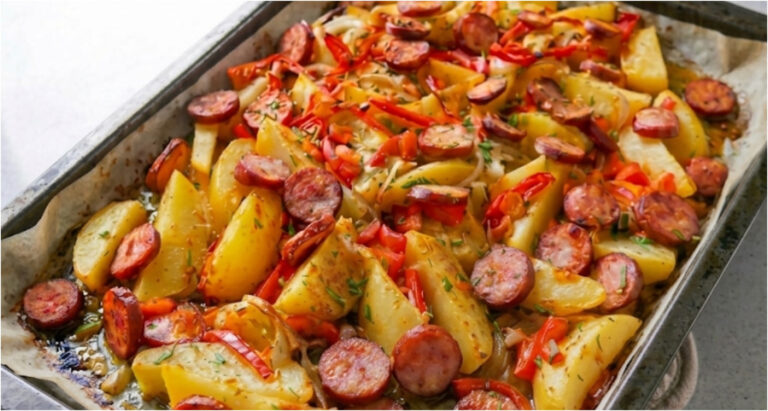 Ziemniaki z kiełbasą z jednej blachy: Prosta kolacja z warzywami i aromatycznymi przyprawami